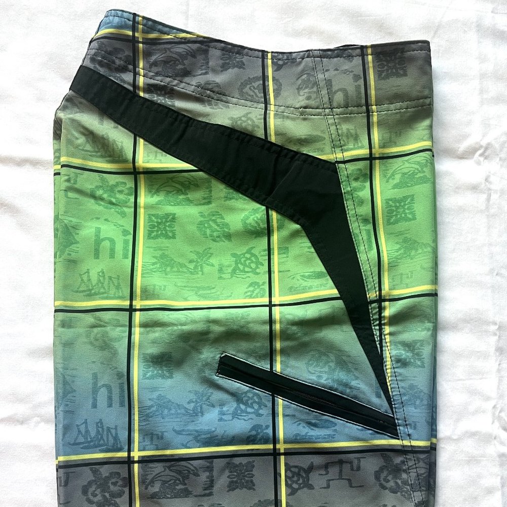 Men's Palmwave Hawaiian Board Shorts Green & Black Multicolor Size 32